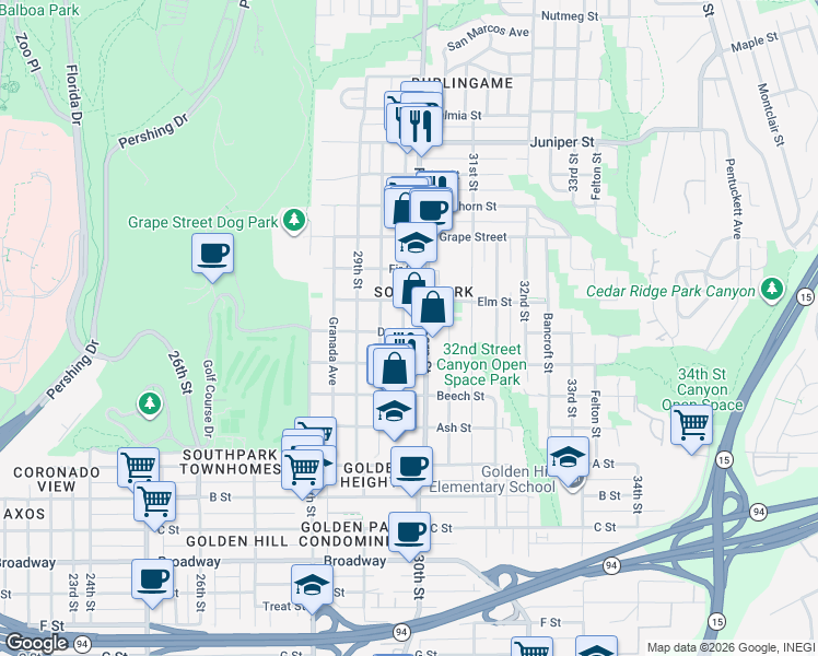 map of restaurants, bars, coffee shops, grocery stores, and more near 1703 30th Street in San Diego