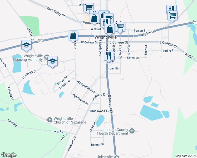 map of restaurants, bars, coffee shops, grocery stores, and more near 277 South Myrtle Avenue in Wrightsville