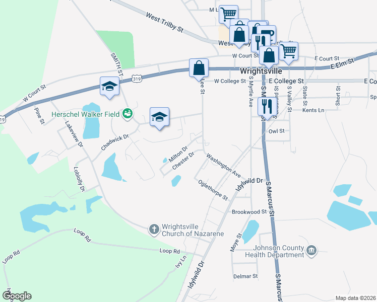 map of restaurants, bars, coffee shops, grocery stores, and more near 215 Milton Drive in Wrightsville