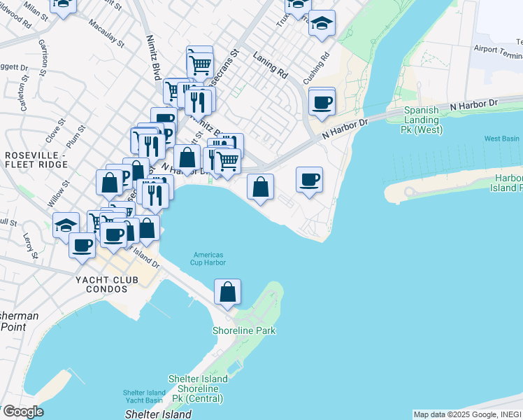 map of restaurants, bars, coffee shops, grocery stores, and more near 4918 North Harbor Drive in San Diego