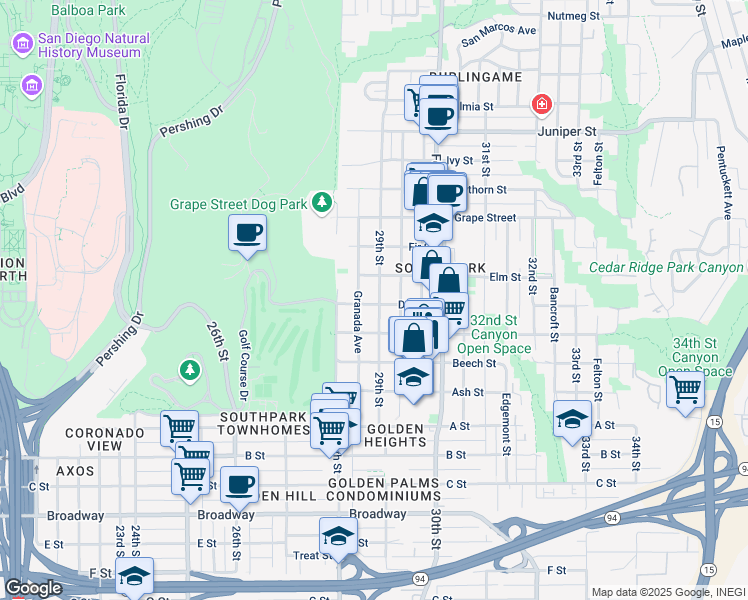 map of restaurants, bars, coffee shops, grocery stores, and more near 2878 Date Street in San Diego