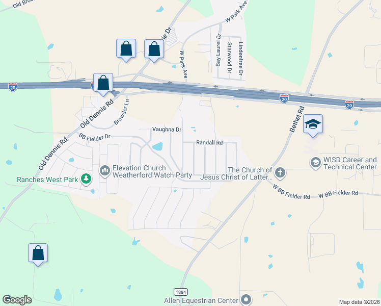 map of restaurants, bars, coffee shops, grocery stores, and more near 2205 Taylor Drive in Weatherford