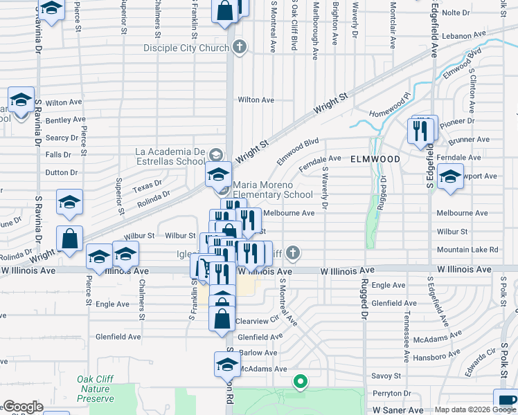 map of restaurants, bars, coffee shops, grocery stores, and more near 2218 Elmwood Boulevard in Dallas