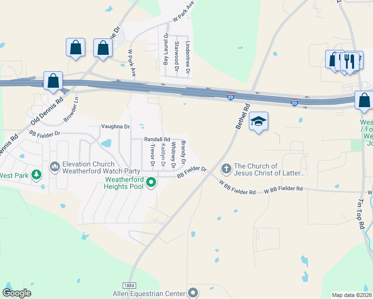 map of restaurants, bars, coffee shops, grocery stores, and more near 2217 Brandy Drive in Weatherford