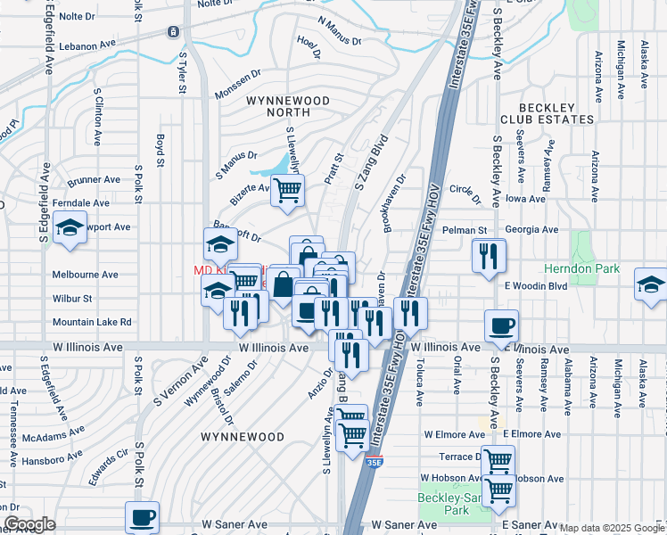 map of restaurants, bars, coffee shops, grocery stores, and more near 501 Wynnewood Drive in Dallas