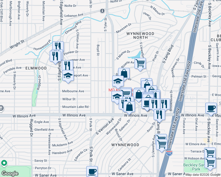 map of restaurants, bars, coffee shops, grocery stores, and more near 2211 South Vernon Avenue in Dallas