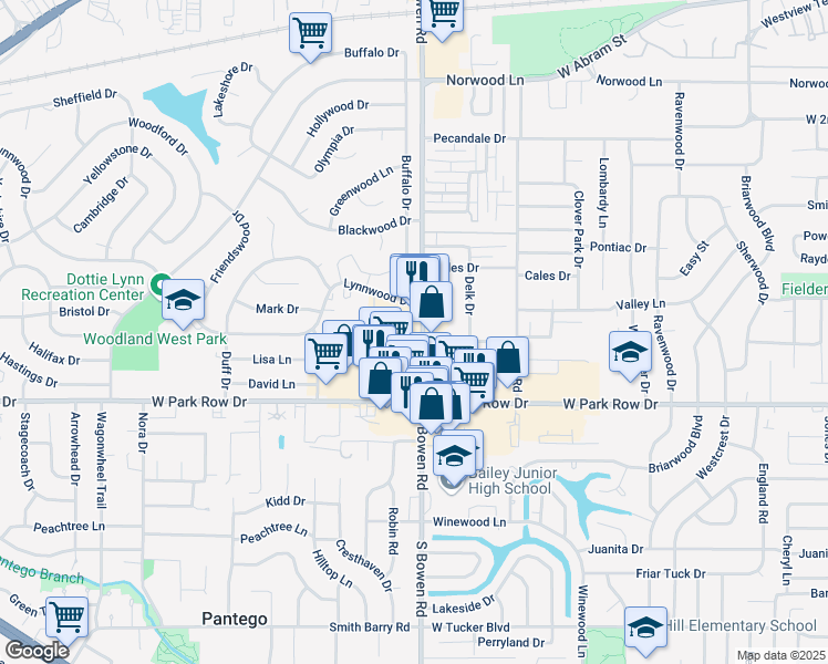 map of restaurants, bars, coffee shops, grocery stores, and more near 981 South Bowen Road in Arlington