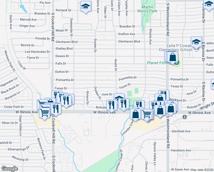 map of restaurants, bars, coffee shops, grocery stores, and more near 3827 Texas Drive in Dallas