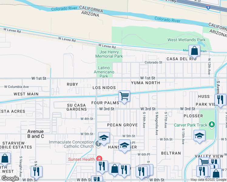 map of restaurants, bars, coffee shops, grocery stores, and more near 181 West 1st Street in Yuma