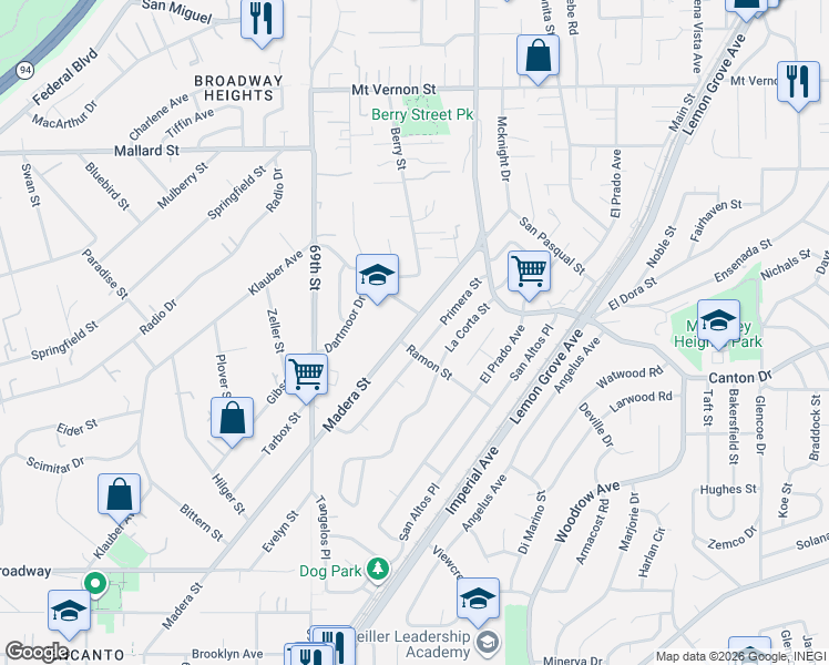 map of restaurants, bars, coffee shops, grocery stores, and more near 1723 Madera Street in Lemon Grove