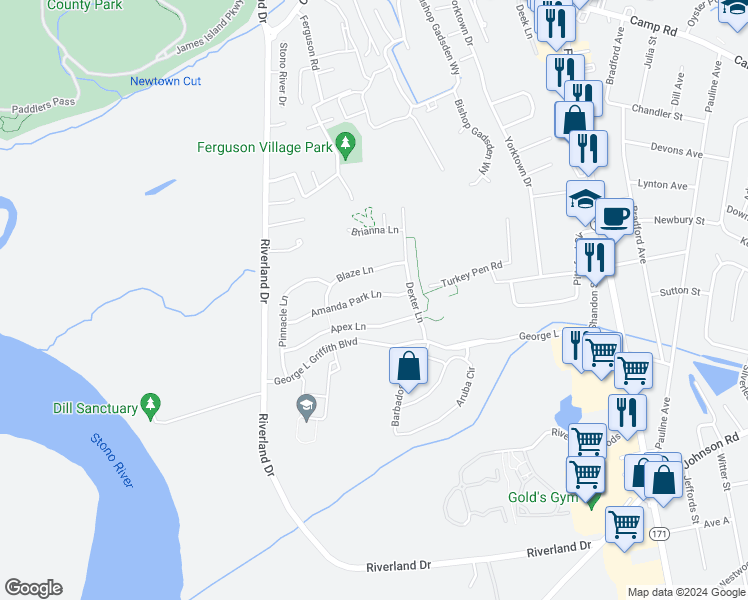 map of restaurants, bars, coffee shops, grocery stores, and more near 1469 Amanda Park Lane in Charleston