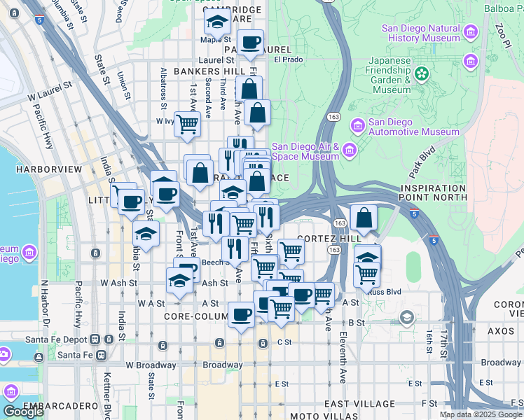 map of restaurants, bars, coffee shops, grocery stores, and more near 1764 Sixth Avenue in San Diego