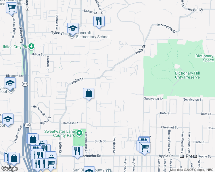 map of restaurants, bars, coffee shops, grocery stores, and more near 9135 Oso Road in Spring Valley