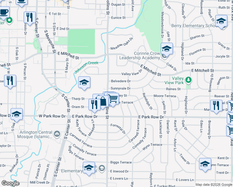 map of restaurants, bars, coffee shops, grocery stores, and more near 906 Sunnyvale Drive in Arlington