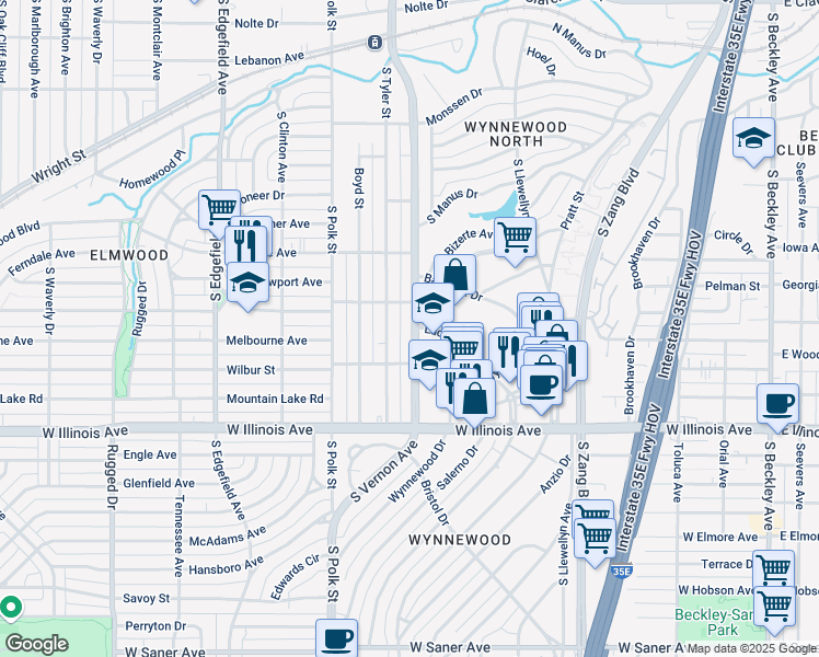 map of restaurants, bars, coffee shops, grocery stores, and more near 2211 South Vernon Avenue in Dallas
