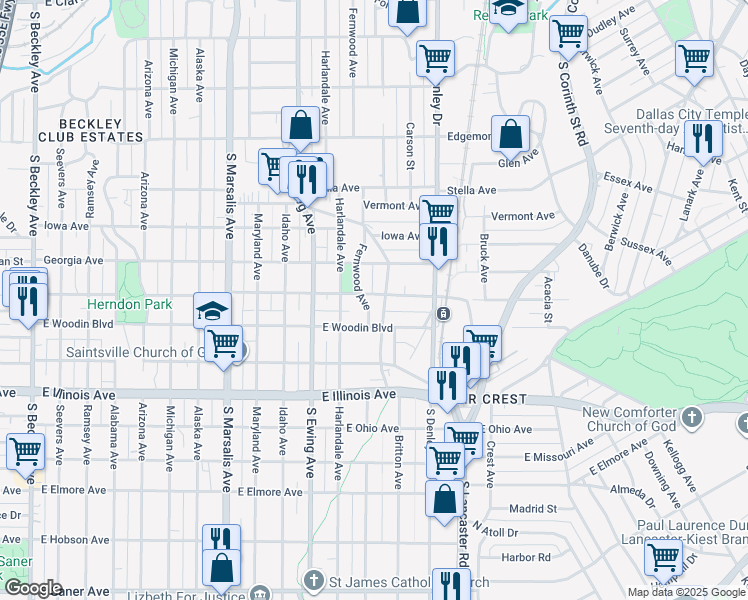 map of restaurants, bars, coffee shops, grocery stores, and more near 1926 Fernwood Avenue in Dallas