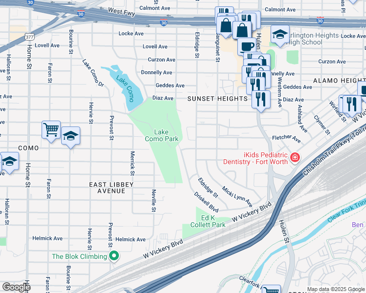 map of restaurants, bars, coffee shops, grocery stores, and more near 4916 Bonnell Avenue in Fort Worth