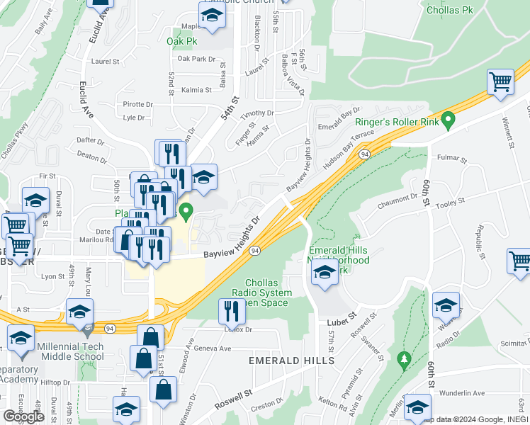 map of restaurants, bars, coffee shops, grocery stores, and more near in San Diego