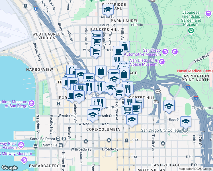 map of restaurants, bars, coffee shops, grocery stores, and more near 1763 Third Avenue in San Diego