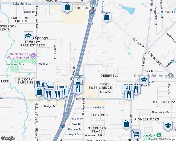 map of restaurants, bars, coffee shops, grocery stores, and more near 12504 Quail Drive in Balch Springs