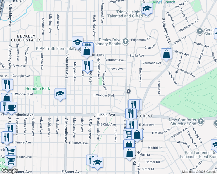 map of restaurants, bars, coffee shops, grocery stores, and more near 1926 Fernwood Avenue in Dallas
