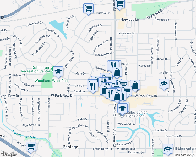 map of restaurants, bars, coffee shops, grocery stores, and more near 2800 Lynnwood Drive in Arlington