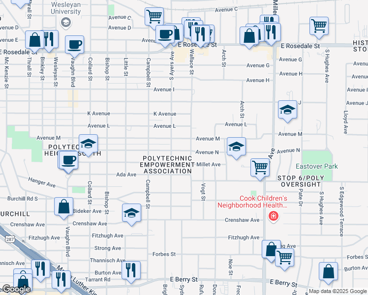 map of restaurants, bars, coffee shops, grocery stores, and more near 3708 Avenue M in Fort Worth