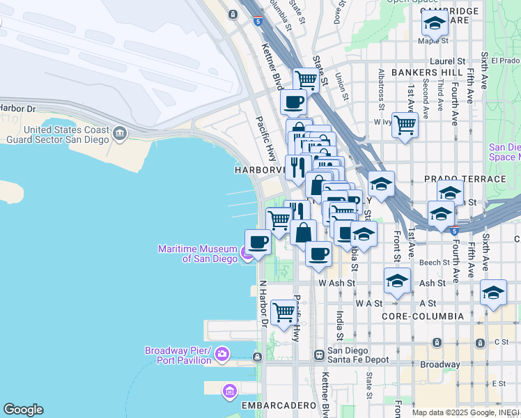 map of restaurants, bars, coffee shops, grocery stores, and more near 1800 North Harbor Drive in San Diego