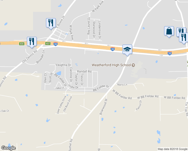 map of restaurants, bars, coffee shops, grocery stores, and more near 2213 Whitney Drive in Weatherford