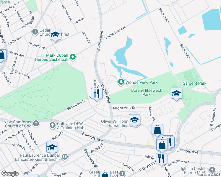 map of restaurants, bars, coffee shops, grocery stores, and more near 2820 East Kiest Boulevard in Dallas