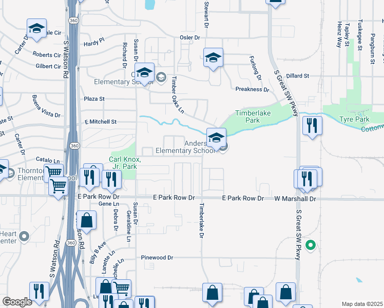 map of restaurants, bars, coffee shops, grocery stores, and more near 1215 Randalito Drive in Arlington