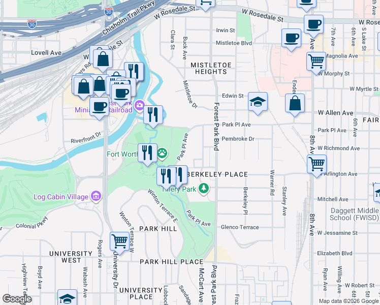 map of restaurants, bars, coffee shops, grocery stores, and more near 2405 Park Place Avenue in Fort Worth