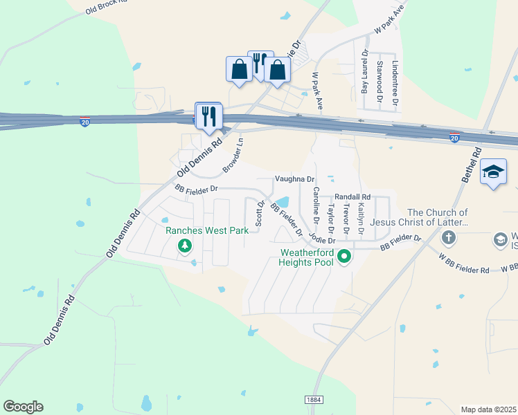 map of restaurants, bars, coffee shops, grocery stores, and more near Scott Drive in Weatherford