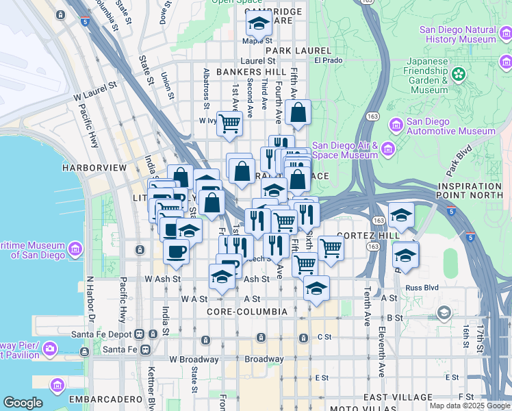 map of restaurants, bars, coffee shops, grocery stores, and more near 1763 Third Avenue in San Diego