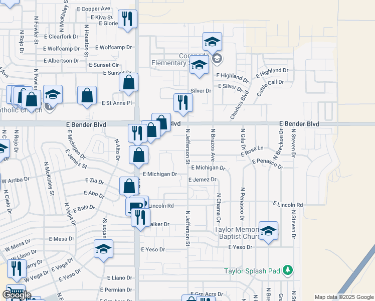 map of restaurants, bars, coffee shops, grocery stores, and more near 2133 North Jefferson Street in Hobbs