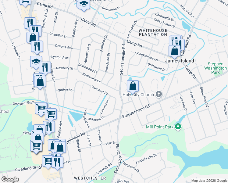 map of restaurants, bars, coffee shops, grocery stores, and more near 1589 Kentwood Circle in Charleston