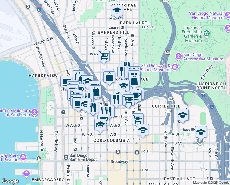 map of restaurants, bars, coffee shops, grocery stores, and more near 20 Elm Street in San Diego