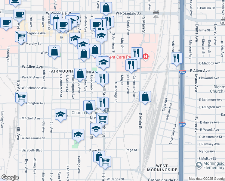 map of restaurants, bars, coffee shops, grocery stores, and more near 506 West Richmond Avenue in Fort Worth