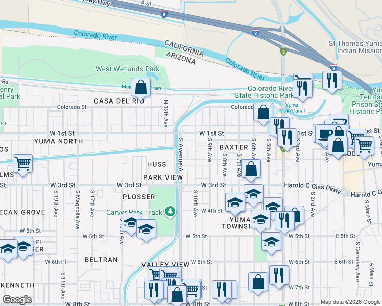 map of restaurants, bars, coffee shops, grocery stores, and more near 183 South Avenue A in Yuma