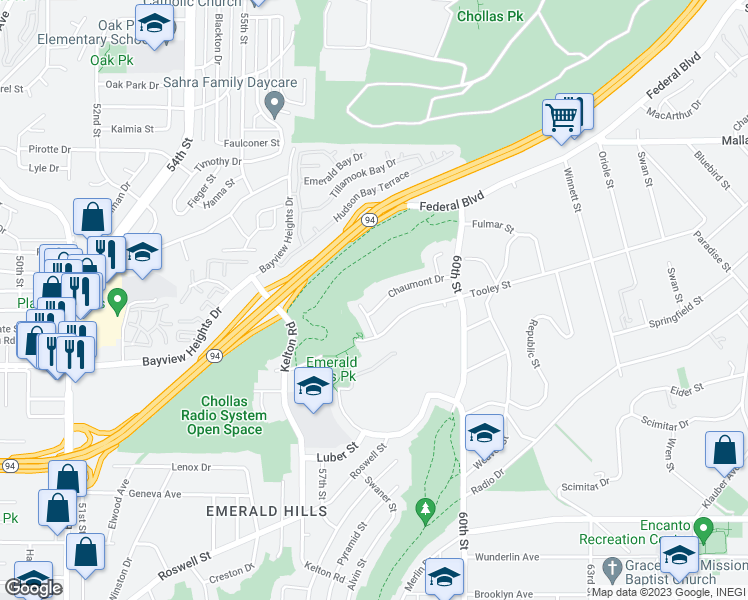 map of restaurants, bars, coffee shops, grocery stores, and more near 5824 Chaumont Drive in San Diego