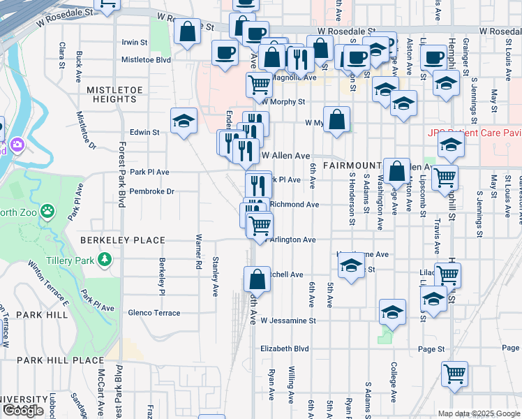 map of restaurants, bars, coffee shops, grocery stores, and more near 1900a 8th Avenue in Fort Worth