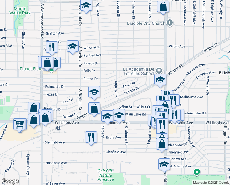 map of restaurants, bars, coffee shops, grocery stores, and more near 2704 Texas Drive in Dallas