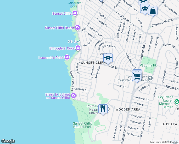map of restaurants, bars, coffee shops, grocery stores, and more near 4414 Monaco Street in San Diego