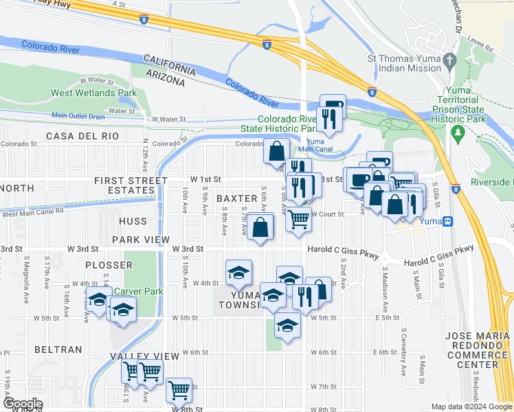 map of restaurants, bars, coffee shops, grocery stores, and more near 132 South 6th Avenue in Yuma