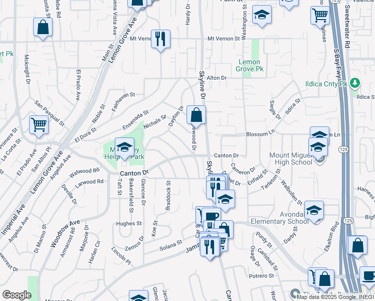 map of restaurants, bars, coffee shops, grocery stores, and more near 1724 Colfax Drive in Lemon Grove