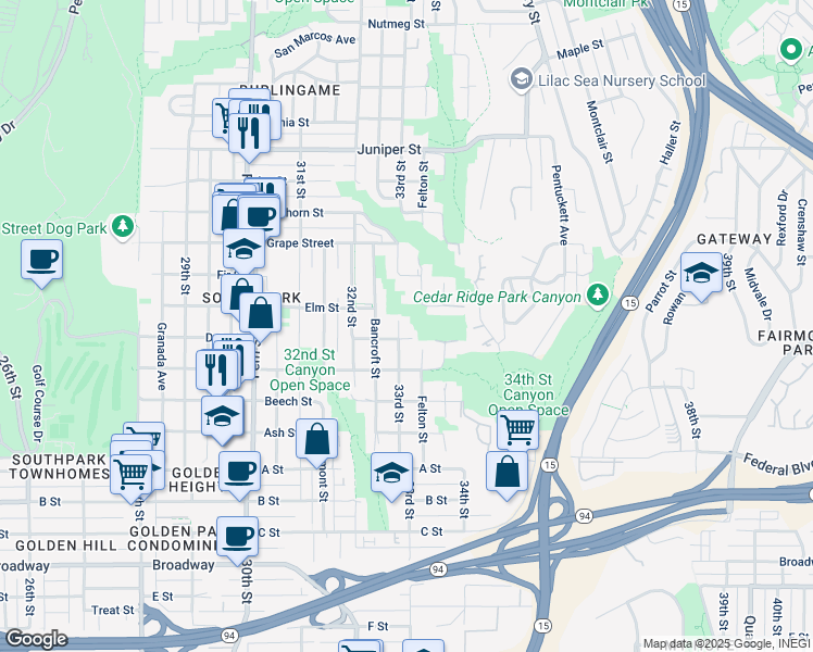 map of restaurants, bars, coffee shops, grocery stores, and more near 1727 33rd Street in San Diego