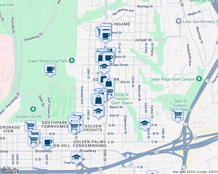 map of restaurants, bars, coffee shops, grocery stores, and more near in San Diego