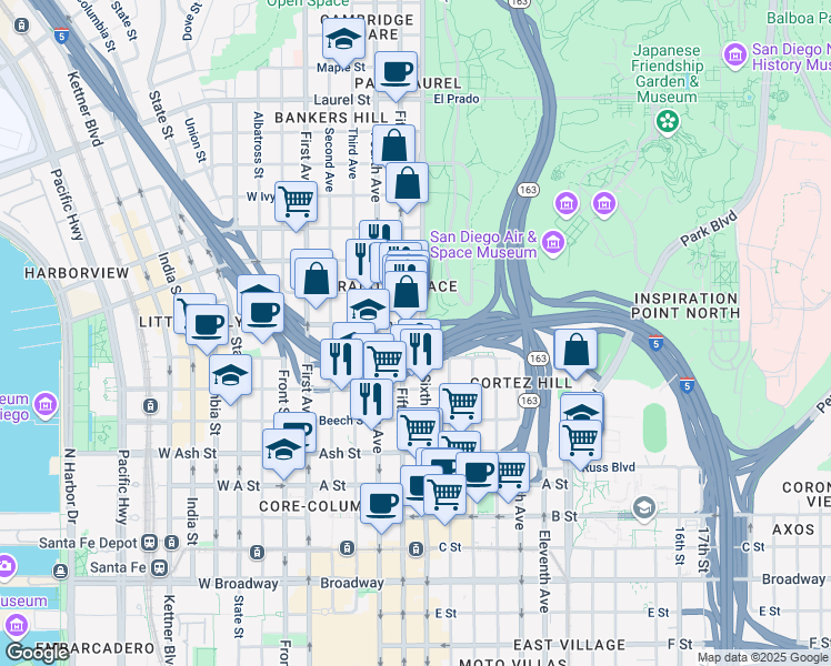 map of restaurants, bars, coffee shops, grocery stores, and more near 1764 Sixth Avenue in San Diego