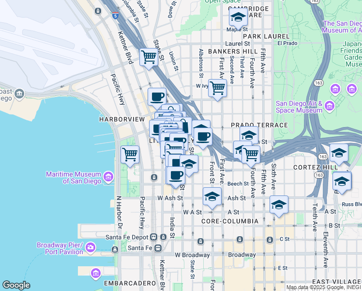 map of restaurants, bars, coffee shops, grocery stores, and more near Columbia Street & West Elm Street in San Diego