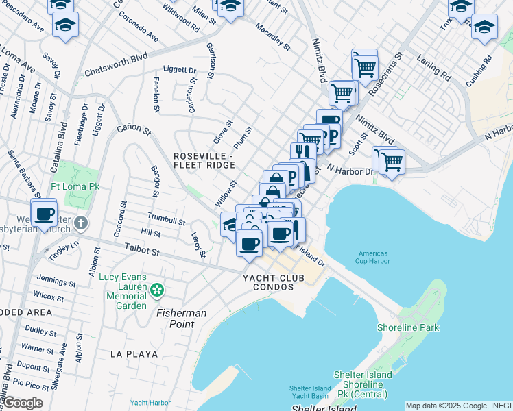 map of restaurants, bars, coffee shops, grocery stores, and more near 1205 Evergreen Street in San Diego